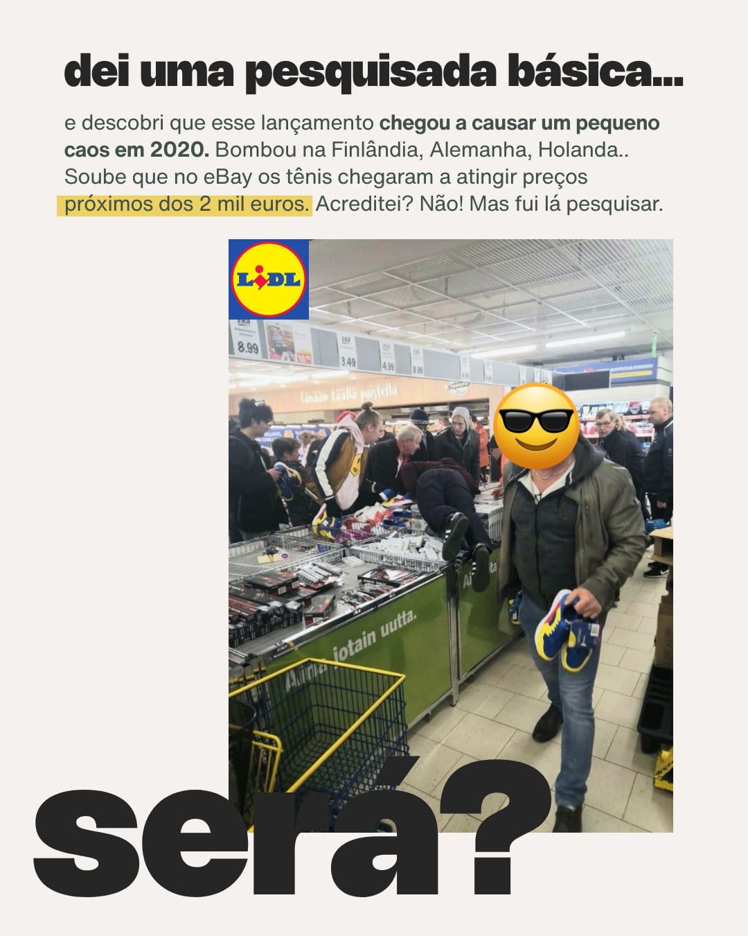 Cliente em loja Lidl segurando tênis da marca própria em edição limitada