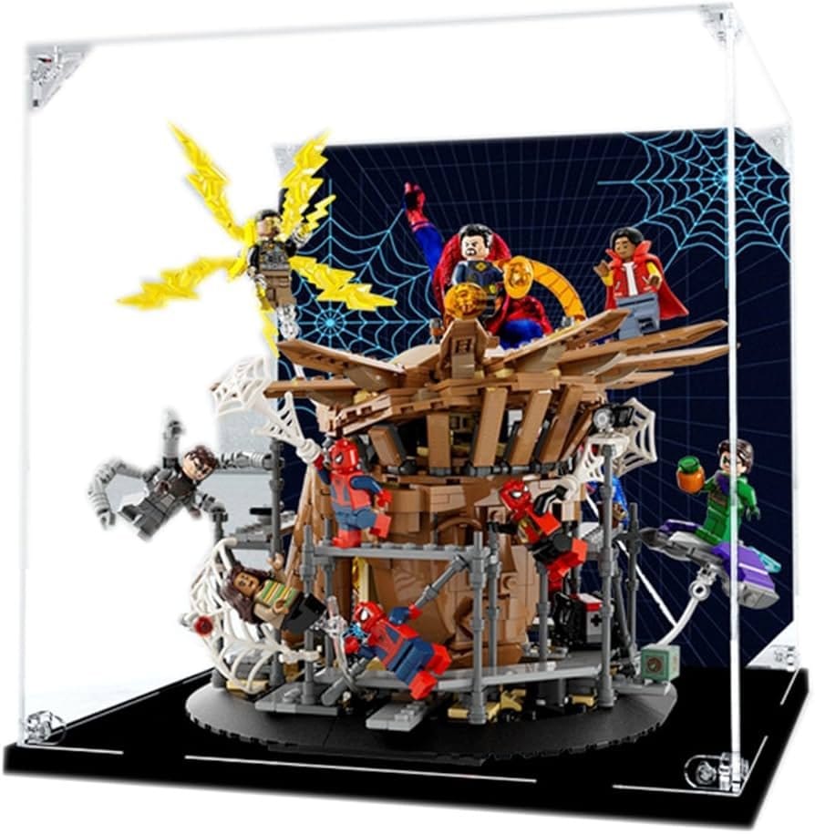 Diorama LEGO com super-heróis em construção complexa voltada ao público adulto