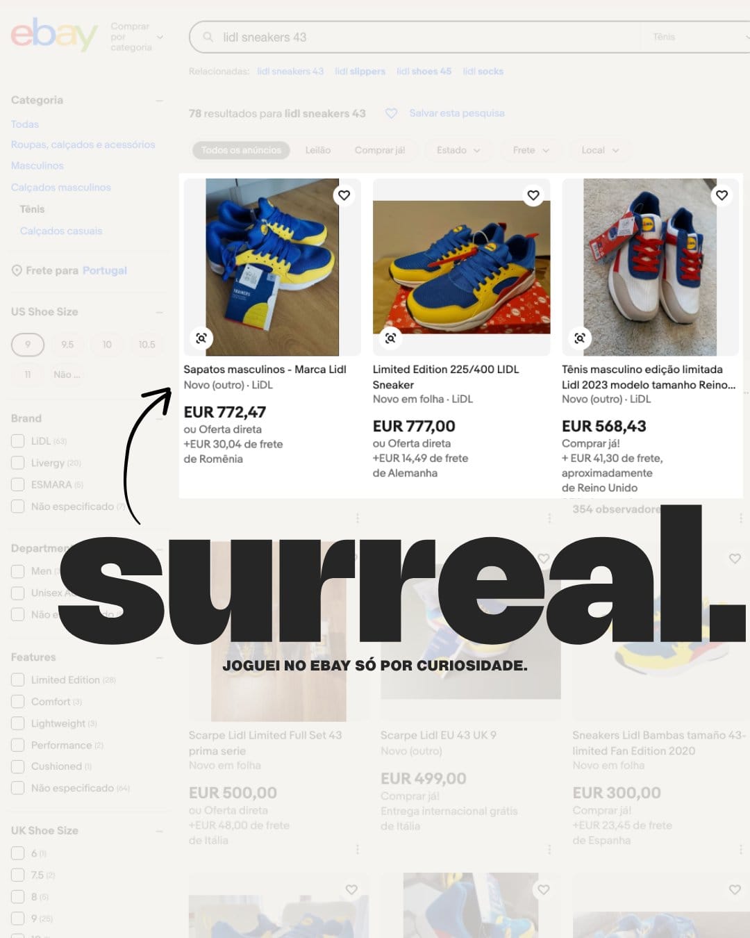 Anúncios de revenda dos tênis do Lidl em plataformas de marketplace como o eBay