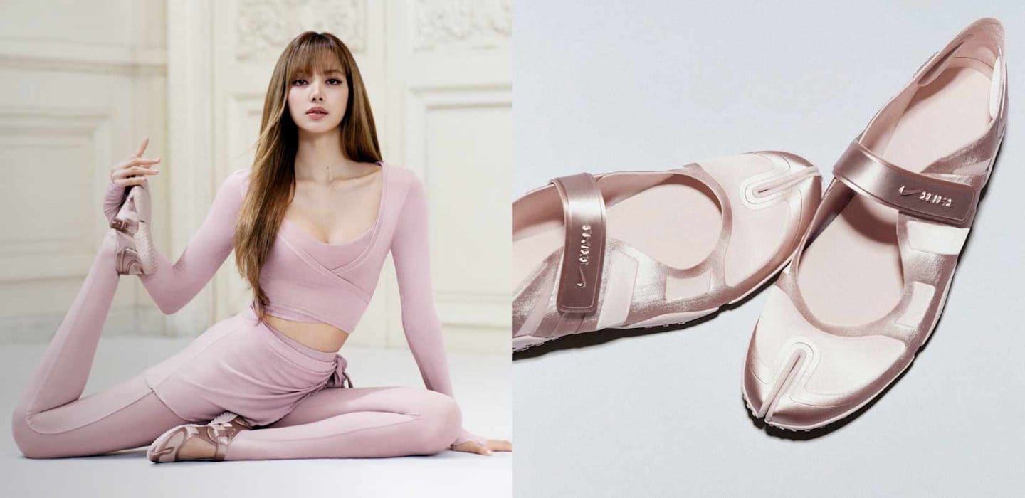 Modelo vestindo conjunto Skims em tom rosado ao lado de sandália minimalista da marca em estúdio.