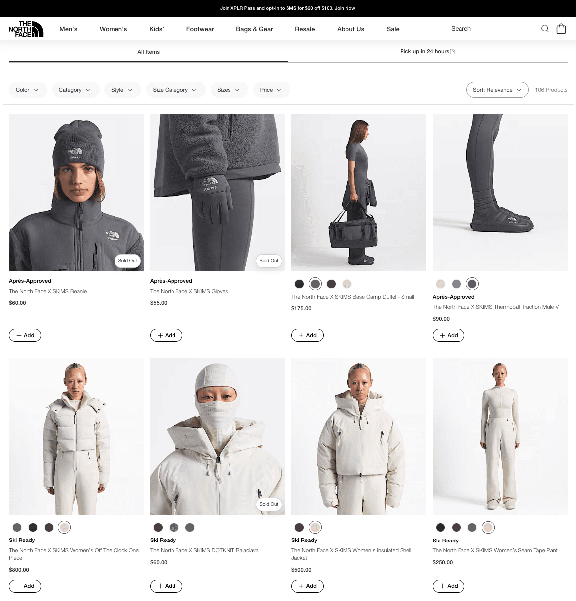 SKIMS x The North Face incluindo roupas e acessórios.